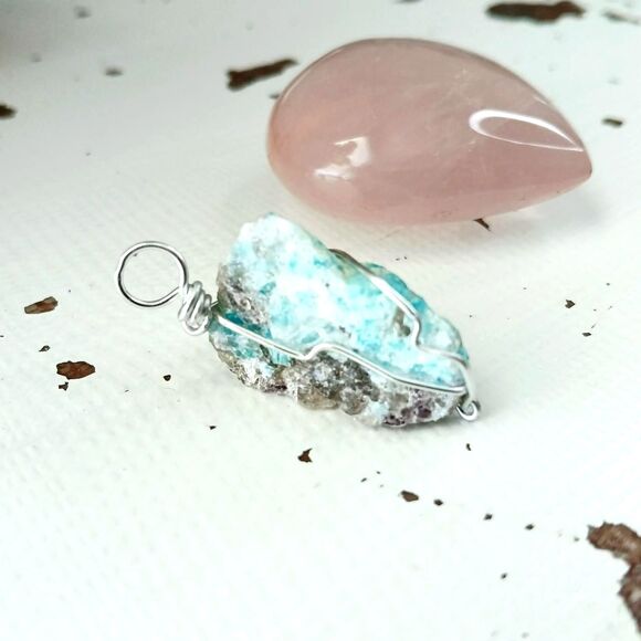 Raw Amazonite Crystal Gemstone Pendant, Wire Wrapped 1.5" - Picture 2 of 4